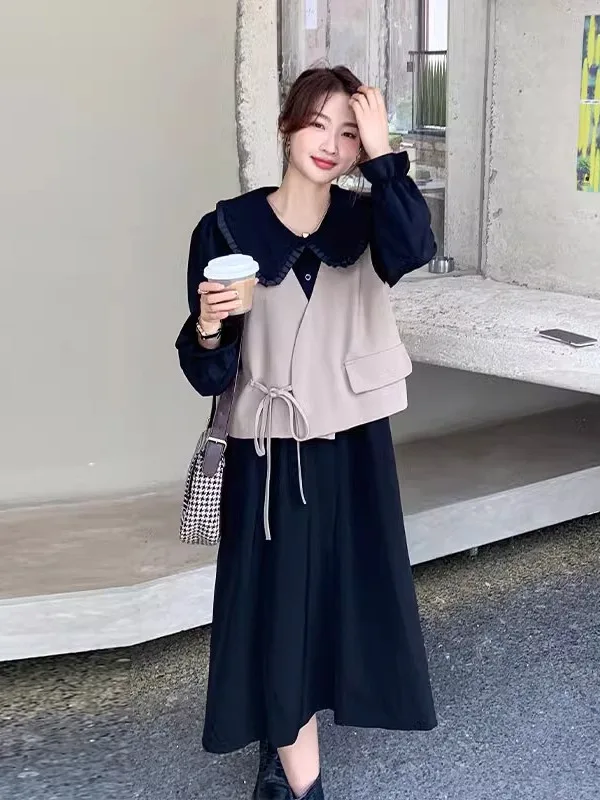 黒色ドールカラーのワンピースドレス【高級感あるマーメイドスカート・春秋用】（セットアップ対応）