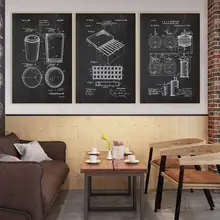 ブラック＆ホワイトカフェ装飾アートパネル【産業風・手描きコーヒーマシン・知識インフォグラフィック】