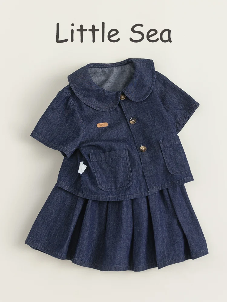 2歳女の子服 おしゃれ レトロシンプルデニムセット プリーツスカート対応