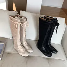 レトロデザインの内增高ロングブーツ【レースアップ・カジュアル・汎用性あり】