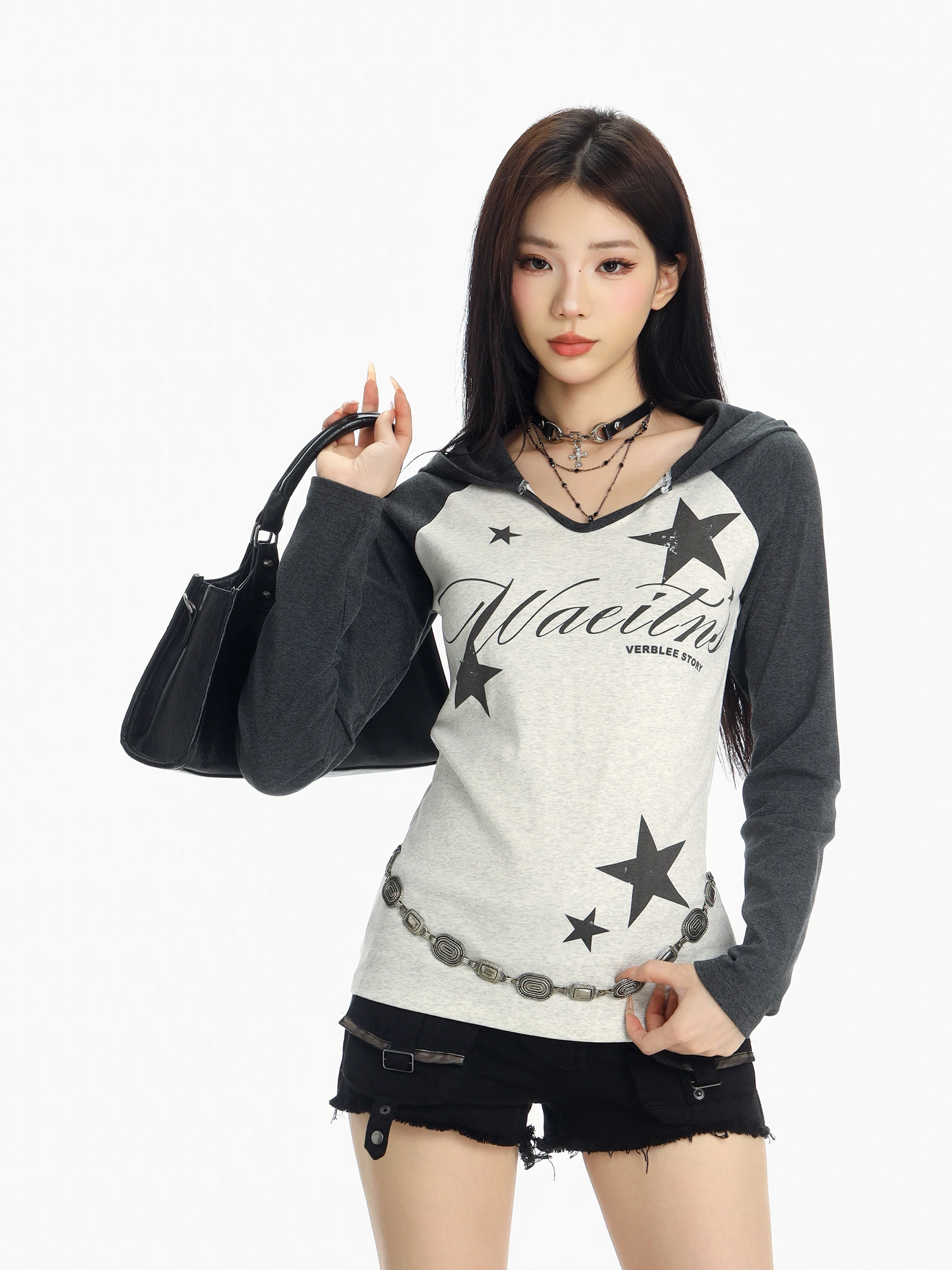 星柄フード付き長袖Tシャツ【アメリカンスタイル・美シルエット・Y2Kデザイン】