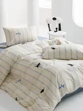 ブルーストライプの猫デザイン綿100%ベッド用品4点セット【シンプル・学生用】