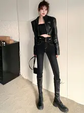 高腰デニムスキニーパンツ【裏起毛・冬用・ブラック・フィット感抜群】（セットアップ対応）