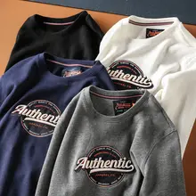 コットン製の水洗い仕上げの男性用刺繍入りラウンドネックプルオーバー【カジュアル・秋春用】