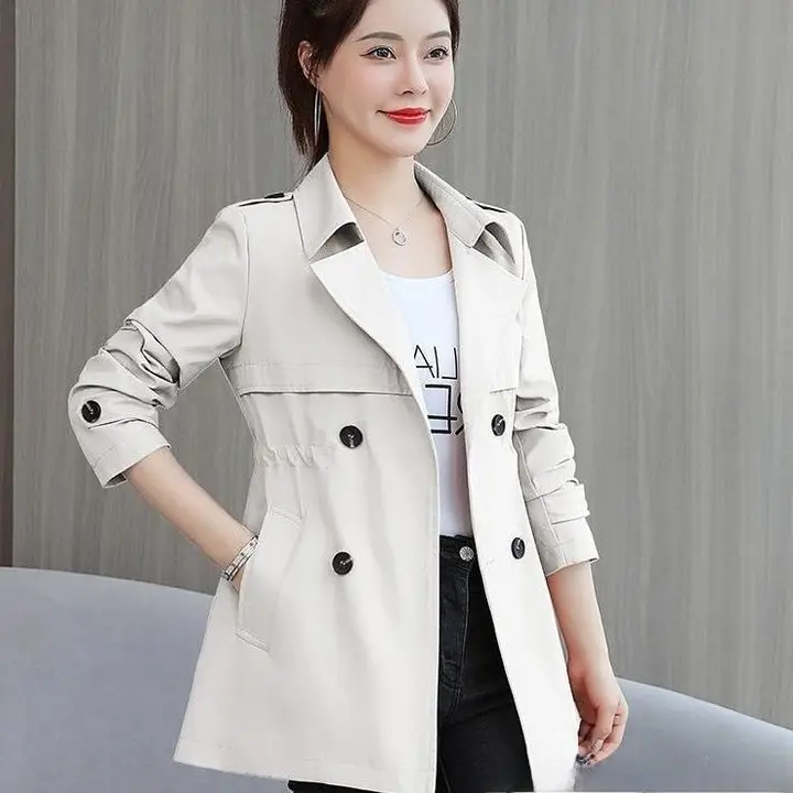 レディース中丈トレンチコート【ウエスト絞り・高級感・春秋用】