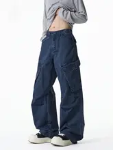 深いブルーカラーのワイドレッグデニムパンツ【アメリカンストリートスタイル・大きなポケット・ゆったりしたデザイン】