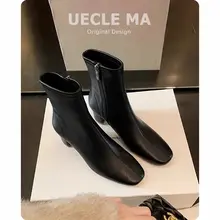 羊皮製 女性用ショートブーツ【高ヒール・太ヒール・チェルシーブーツスタイル・秋冬用】