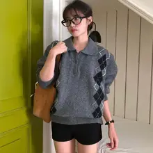 クラシック デザインのチェック柄ニットセーター【レトロスタイル・翻領】