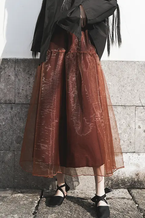 高腰オーガンザのフレアスカート【優雅な雰囲気・中長丈・ドレープ仕立て】（セットアップ対応）