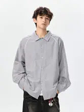 秋季用のストライプデザイン長袖シャツ【ユニセックス・ビンテージ風・ルーズフィット】（セットアップ対応）