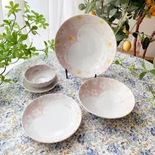 陶器製 ピンク花うさぎ ディナーセット【家庭用・浅皿・カレー皿対応】