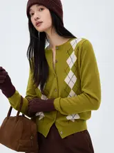 康赛妮 ショートカーディガン【羊毛・ダイヤモンド柄・丸首・ドイツStoll技術使用】