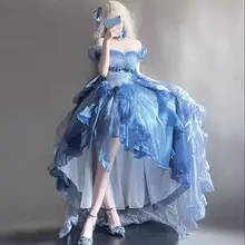 ブルーの花嫁ロリータワンピース【トレーン付き・フリルデザイン・ふんわりシルエット】