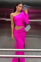 一肩デザインのロングドレス【セクシー・レースアップ・高スリット・皺加工】