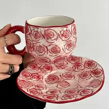 Oranges 限定ヴィンテージ風手描き染色ローズコーヒーカップ&ソーサー【アフタヌーンティー用・ラテカップ・ギフトに最適】