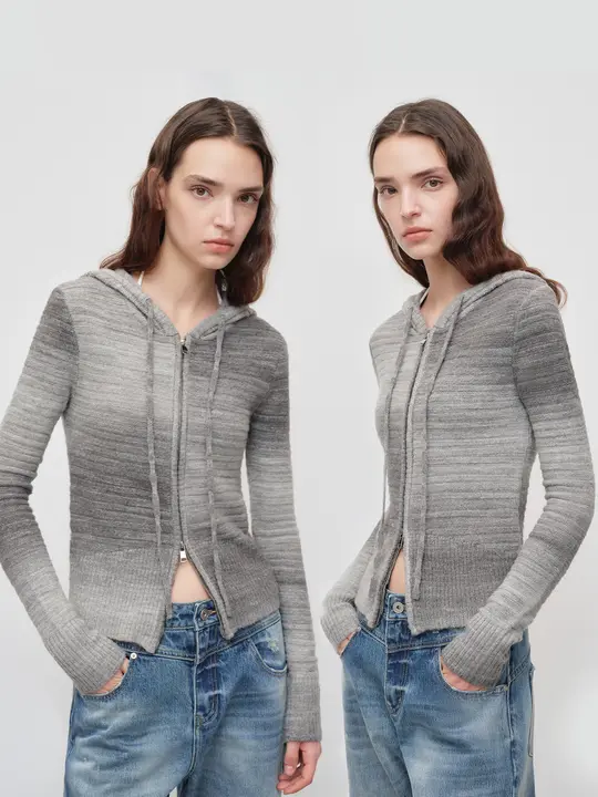 ダブルジッパーグラデーションフード付きウールカーディガン【秋冬用・ニット】