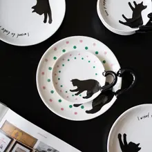 和風 黒猫デザイン 陶磁器プレート【スイーツやお菓子用・高級感ある食器】