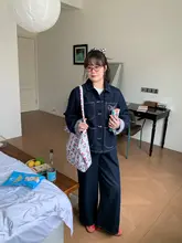 リボンデザインのデニムジャケットとパンツ【レトロスタイル・大きいサイズ・女性用】（セットアップ対応）