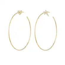 ビンテージ風ハート＆スターの大ぶり不対称イヤリング【ストーン装飾・極細フープ】