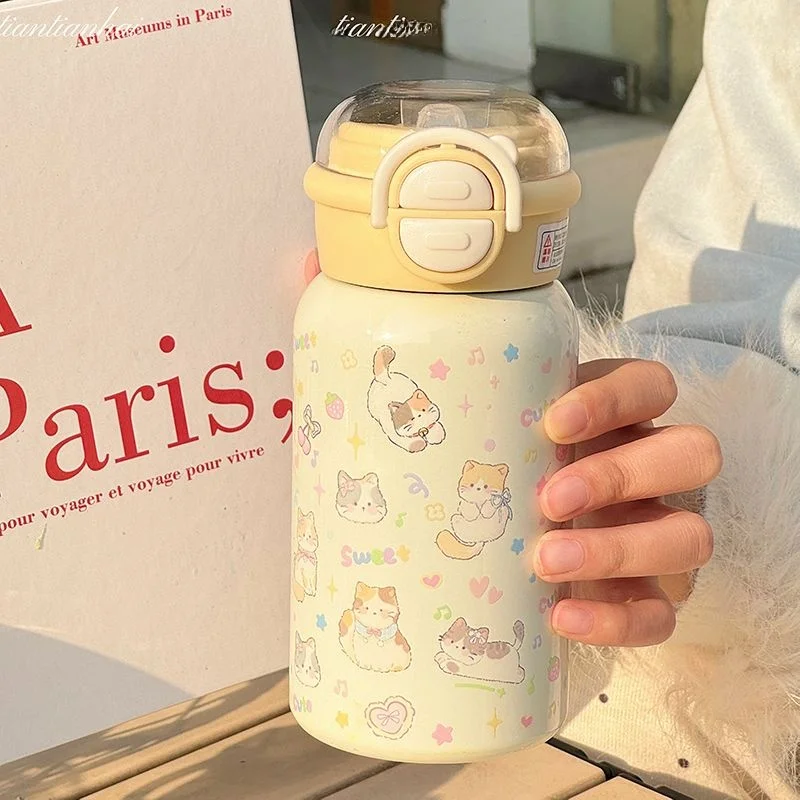 子供用保温保冷水筒 ストロー 500ml ダブルドリンク対応 カラーキャットデザイン