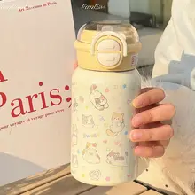猫デザインの学生用保温カップ【可愛いストロー付き・ダブルドリンク対応】