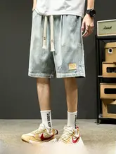 男性用夏季アメリカンスタイル コットン短袖トップスとデニムショートパンツ（セットアップ対応）