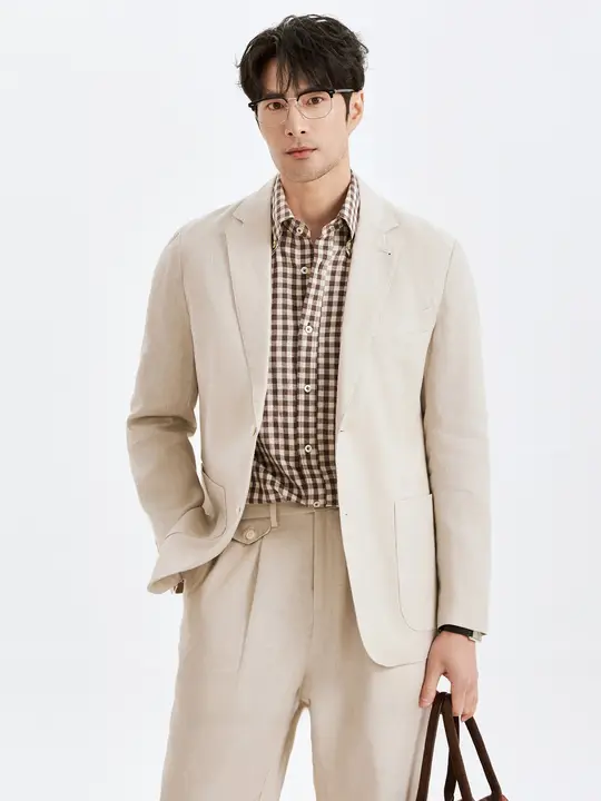 テーラードジャケット メンズ 麻100% アプリコット 上品 防シワ ビジネスカジュアル「KARESINO」