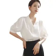 半袖シャツ 女性 Vネック エレガント スタイル ゆったりサテン