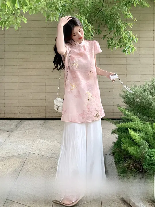新中式国風改良チャイナドレス【ファッション・気質・広がるワイドパンツ】（セットアップ対応）