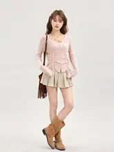 トップス レディース ニット ピンク ギャザー 韓流 ガーリー きれいめ 春 「XinmonLee」