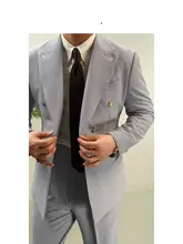 ブルーとホワイトストライプのダブルブレストジャケット【リネンブレンド・カジュアルスタイル・男性用】（セットアップ対応）