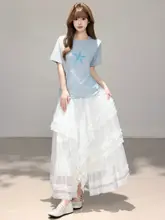 白色メッシュフラワーレースハイウエストAラインシフォンスカート【フレア・ロング丈】