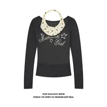 美式復古スターネックレスタンクトップ＆長袖Tシャツ【薄手の透け感・女性用・スリムフィット】（セットアップ対応）