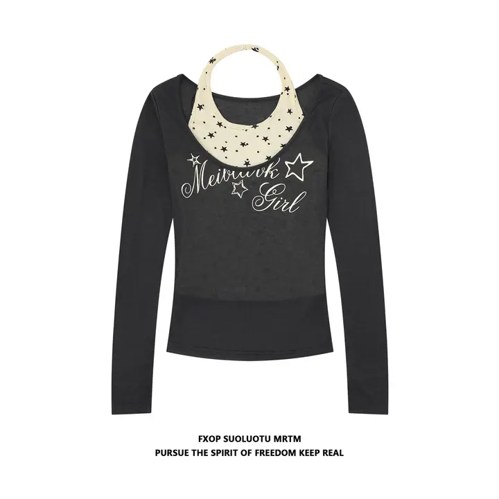 美式復古スターネックレスタンクトップ＆長袖Tシャツ【薄手の透け感・女性用・スリムフィット】（セットアップ対応）