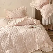 フランス風 ピンクのオーガニックコットン製ガーゼフリル付き布団カバー【プリンセススタイル・寝具】（セットアップ対応）