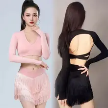 ラテンダンスウェア【フリンジ・セクシー・長袖トップス・ミニスカート・練習用・ショートパンツ付き】（セットアップ対応）