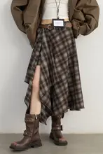高腰バルキー中長スカート【不規則なバイカラー・チェック柄・フランネル】