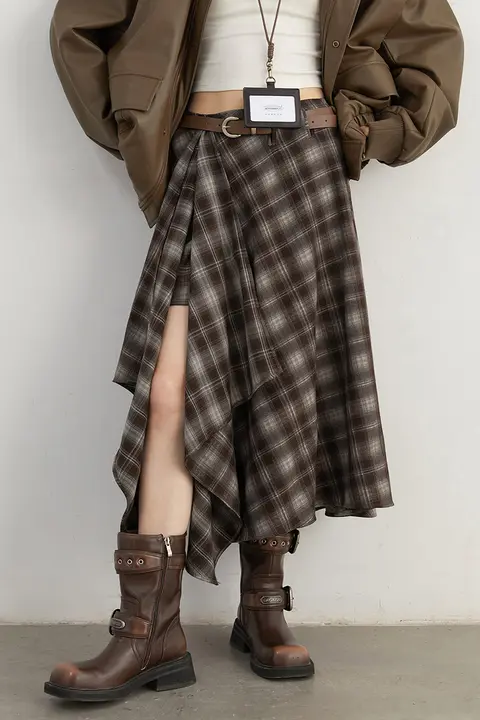 高腰バルキー中長スカート【不規則なバイカラー・チェック柄・フランネル】