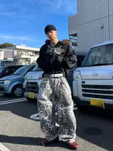 デニムパンツ メンズ レオパード柄 ヴィンテージウォッシュ ワイドパンツ ストレート ルーズ フロアレングス アメカジ