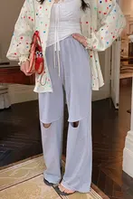 ハイウエストデニム風 ダメージ加工パンツ【夏用・カジュアル・レディース・ストレート・大きいサイズ】（セットアップ対応）