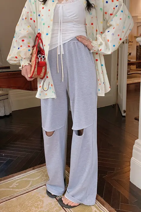 ハイウエストデニム風 ダメージ加工パンツ【夏用・カジュアル・レディース・ストレート・大きいサイズ】（セットアップ対応）