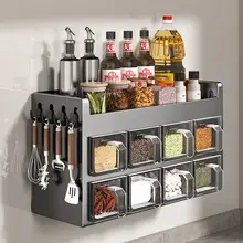 穴あけ不要の多機能壁掛け調味料ラック【キッチン用・便利な収納】（セットアップ対応）