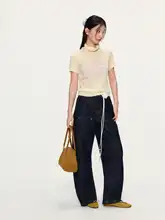 提花ウール混紡ニットトップス【クルーネック・薄手・短袖】