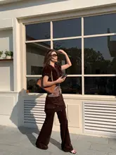 レトロデザインのストレートフレアパンツ【春夏・カジュアル・細見え効果】（セットアップ対応）