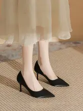 黒いサテン素材のハイヒール【パンプス・先細・ビジネススタイル・春秋用】