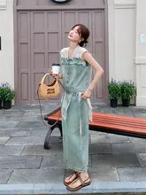 レース切り替えのフリルデザインデニムノースリーブトップスとスカート【夏用・女性用・魅力的なデザイン】（セットアップ対応）