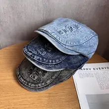 ウォッシュデニムベレー帽【レトロデザイン・刺繍ロゴ・穴あき】