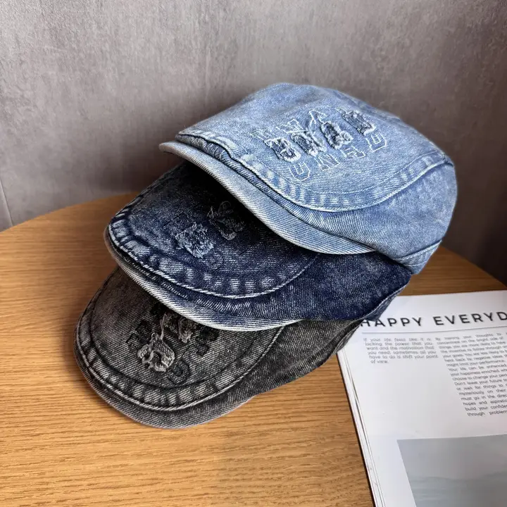 ウォッシュデニムベレー帽【レトロデザイン・刺繍ロゴ・穴あき】