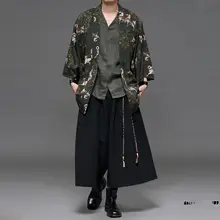 リネン無領シャツ【緑・リゾートスタイル・男性用・ヴィンテージデザイン】