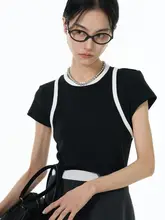 ヴィンテージ風デザインのカラーブロック短袖Tシャツ【レディース・ショート丈・スタイルアップ効果・コーディネートしやすい】（セットアップ対応）